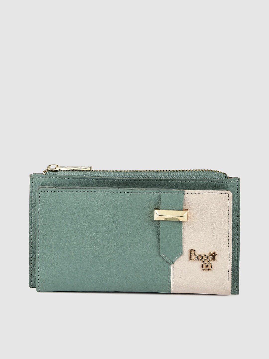 

Baggit Women Teal Blue & Beige Colourblocked Two Fold Wallet