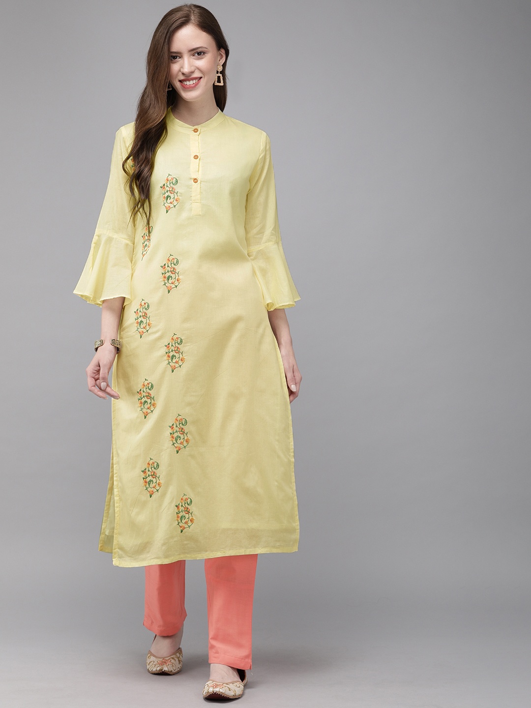

MIMOSA Women Yellow Embroidered Kurta with Pink Solid Trousers