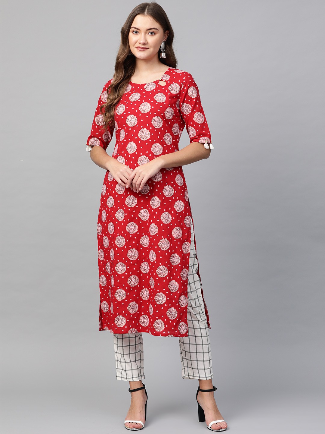 

Sringam Women Red & White Printed Kurta with Trousers