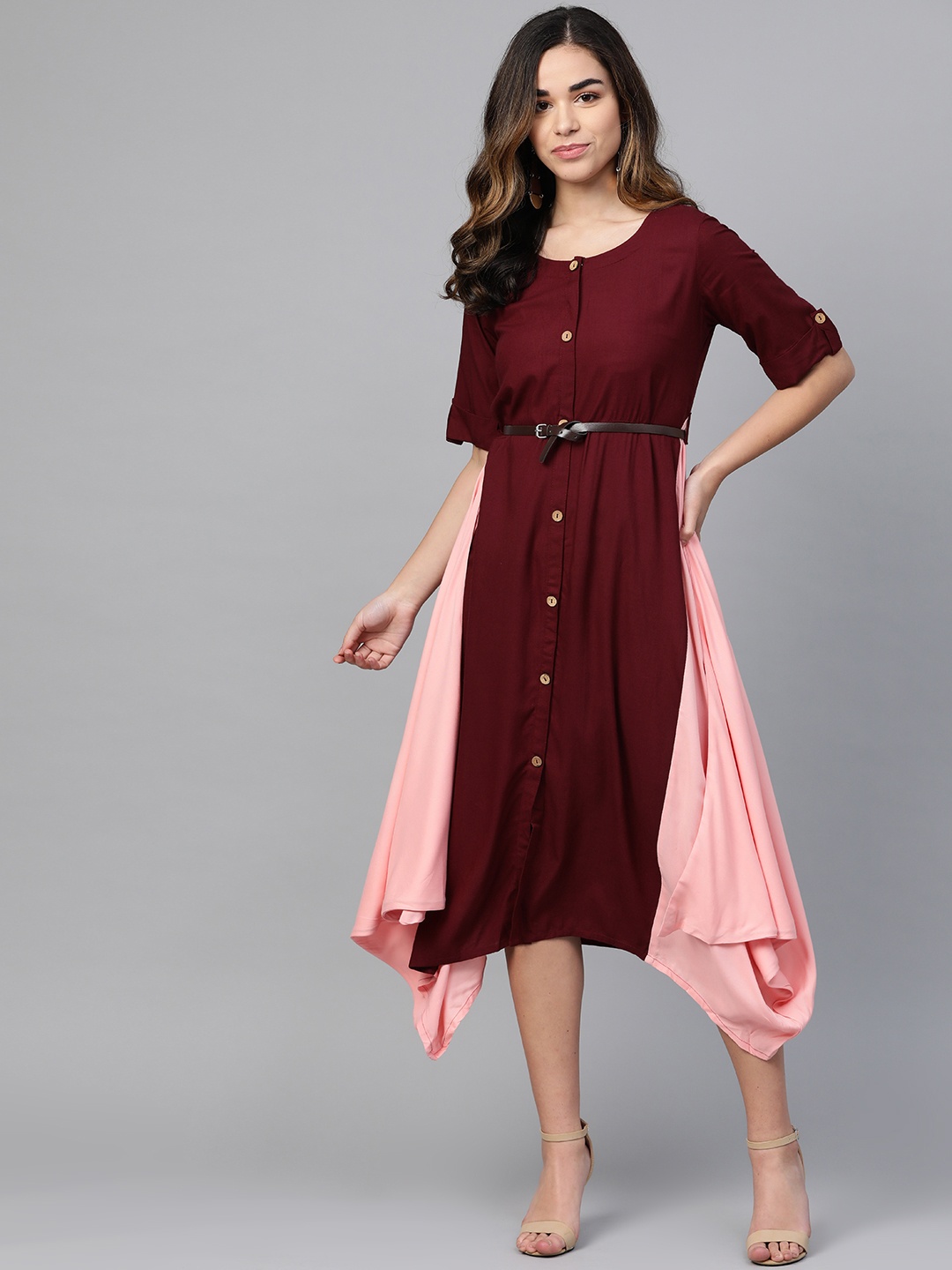 

Sringam Women Maroon & Pink Colourblocked A-Line Dress
