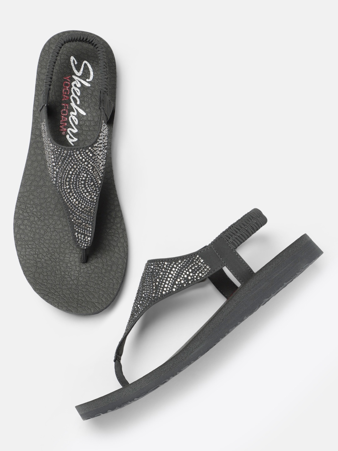 

Skechers Women Charcoal Grey MEDITATION NEW MOON Embellished T-Strap Flats