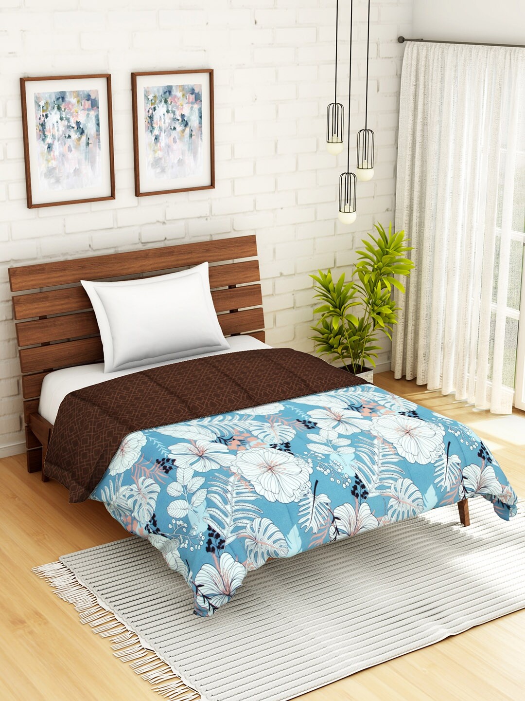 

WELHOME Blue & Brown Floral AC Room 110 GSM Single Bed Quilt