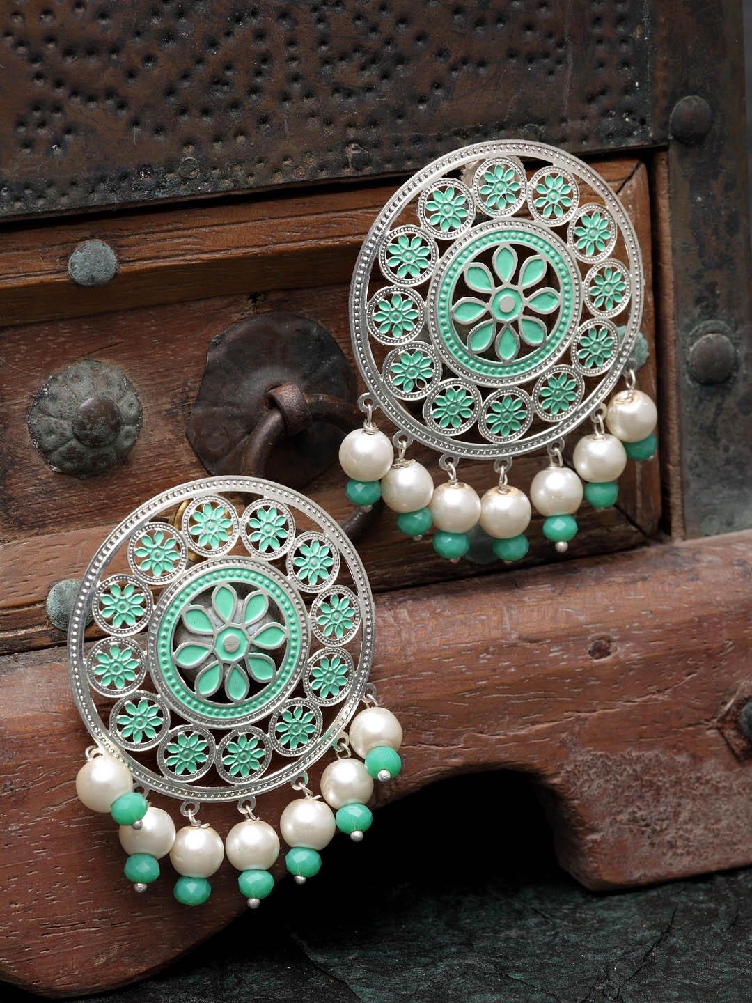 

PANASH Silver-Plated & Sea Green Circular Handcrafted Studs