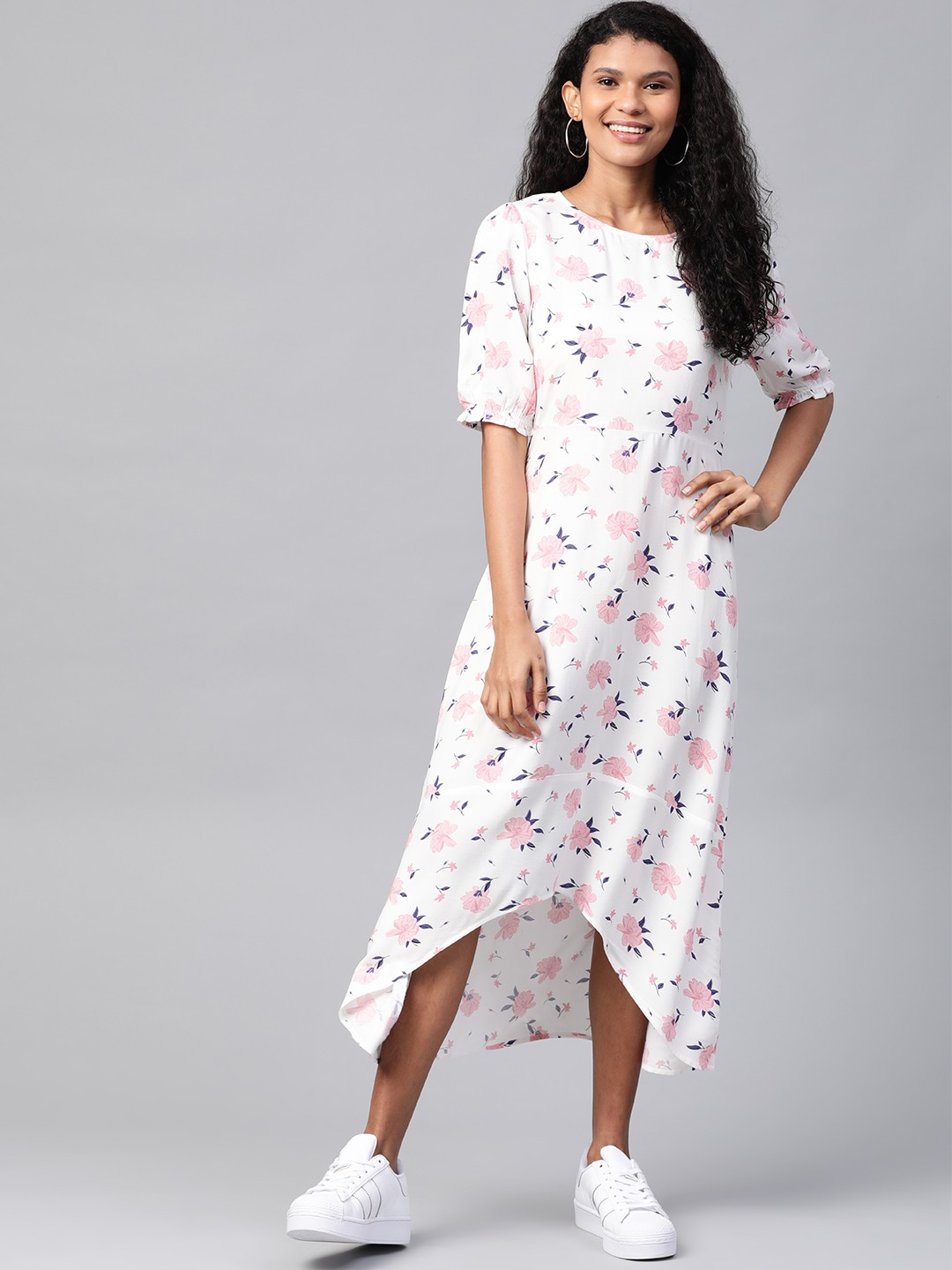 

Mast & Harbour Women White & Pink Floral Printed High-Low Hem A-Line Dress
