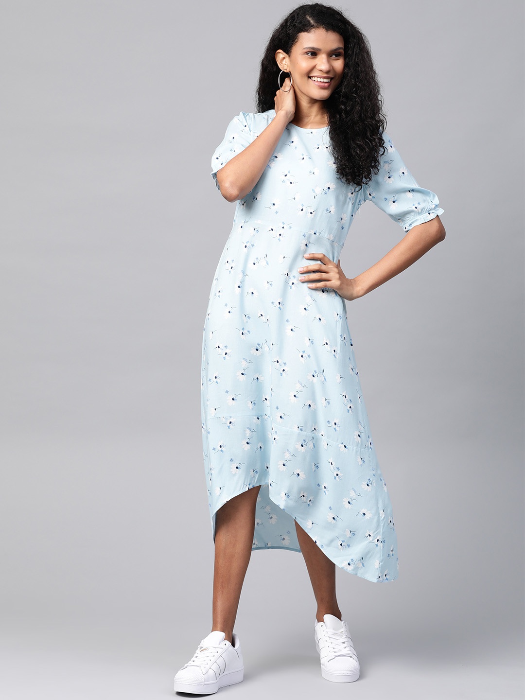 

Mast & Harbour Women Blue & White Floral Printed High-Low Hem A-Line Dress