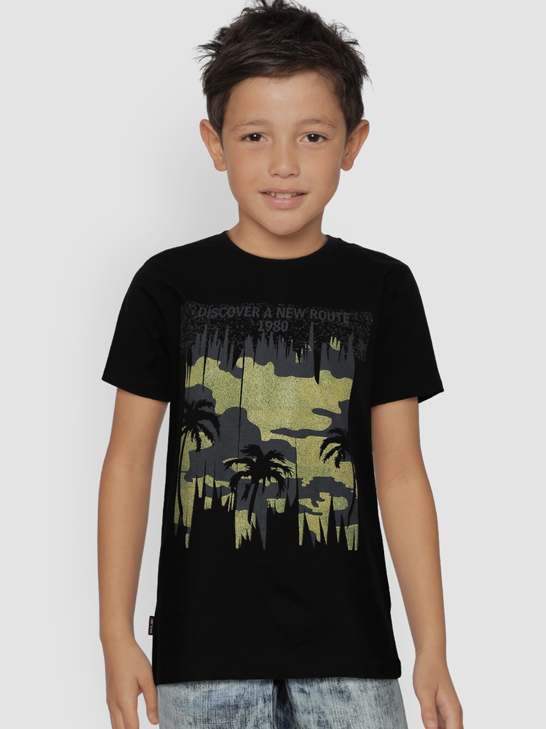 

Gini and Jony Boys Black Grey Printed Round Neck Pure Cotton T-shirt