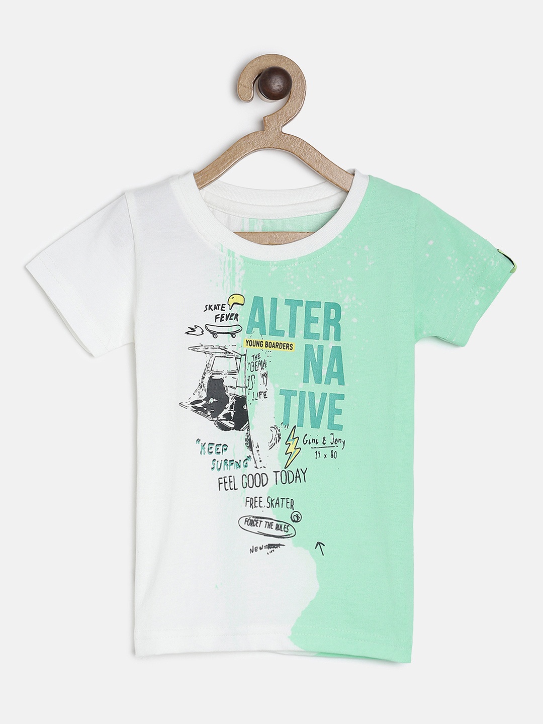 

Gini and Jony Boys Green & White Printed Round Neck T-shirt