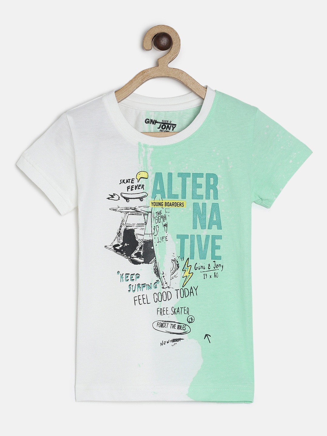 

Gini and Jony Boys Green & White Printed Round Neck T-shirt