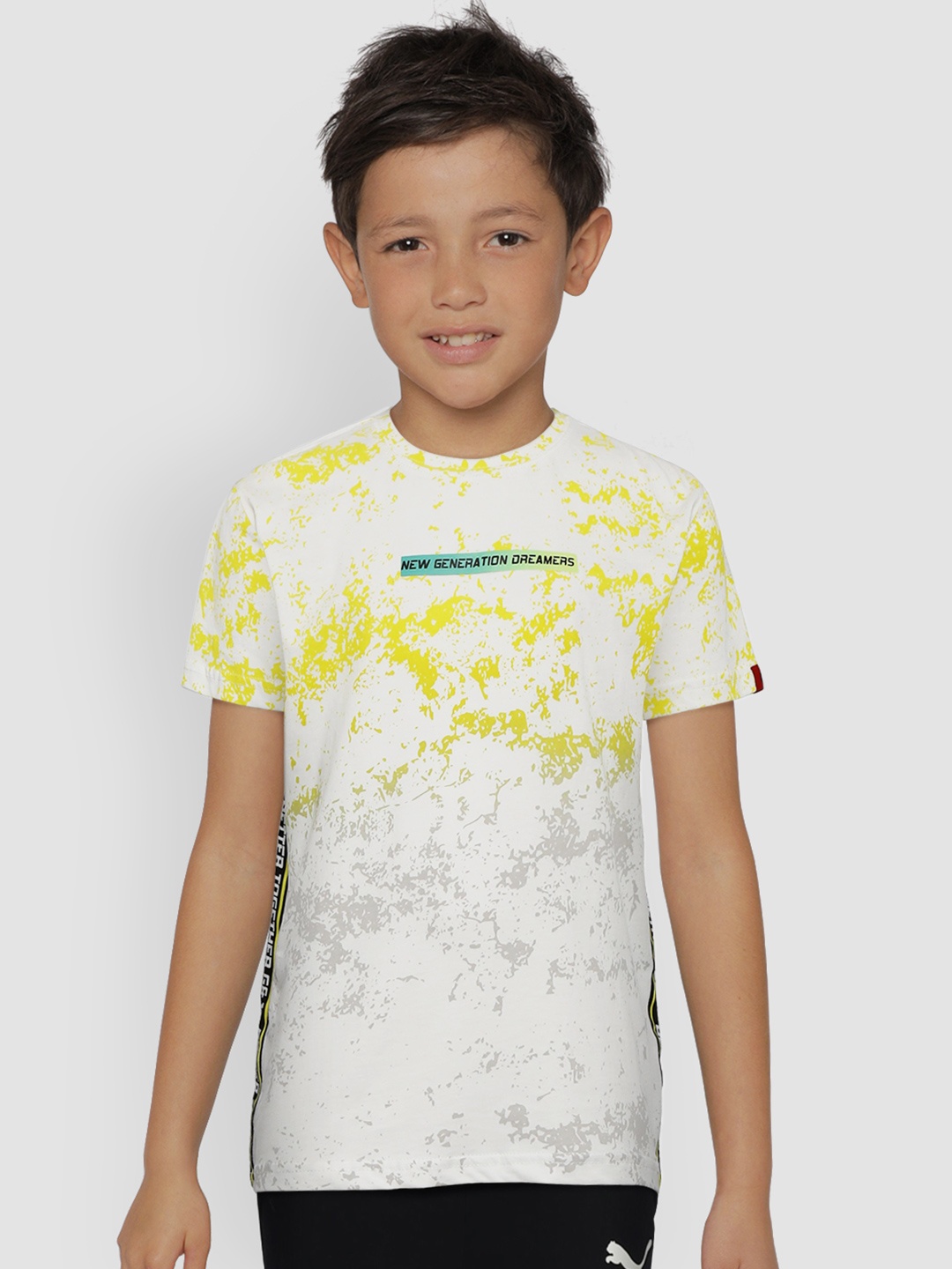 

Gini and Jony Boys White Yellow Printed Round Neck Pure Cotton T-shirt