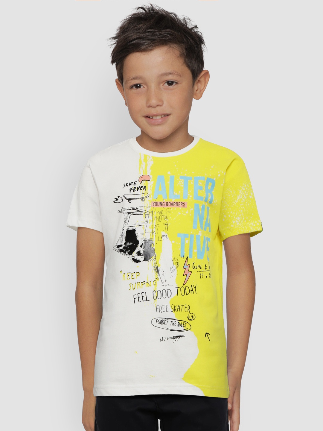 

Gini and Jony Boys White Yellow Printed Round Neck Pure Cotton T-shirt
