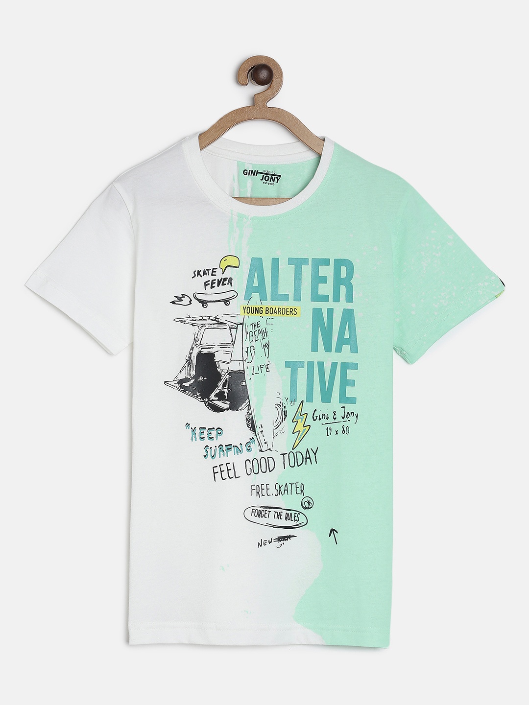 

Gini and Jony Boys Green & White Printed Round Neck T-shirt