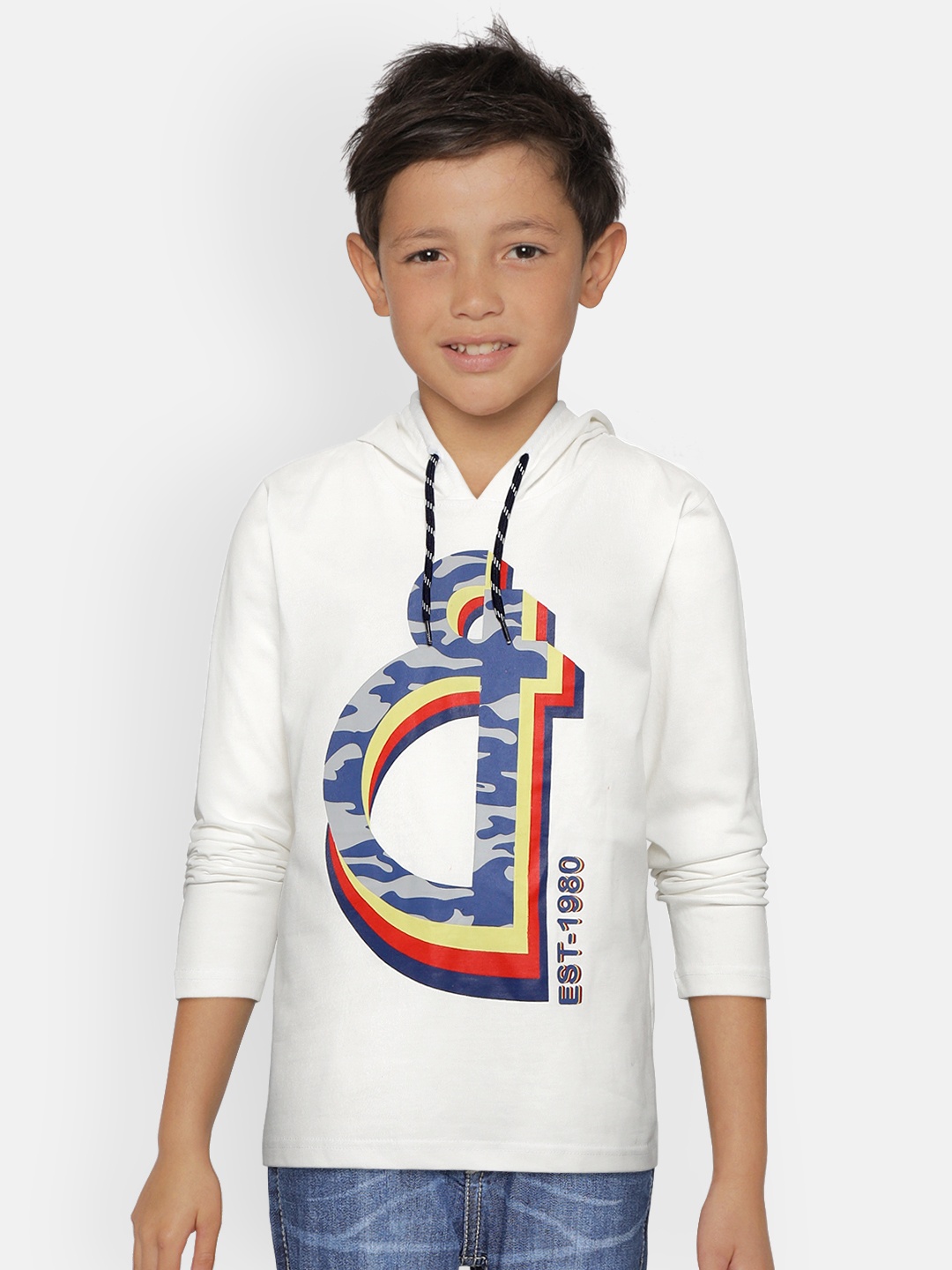 

Gini and Jony Boys White Printed Hooded Pure Cotton T-shirt