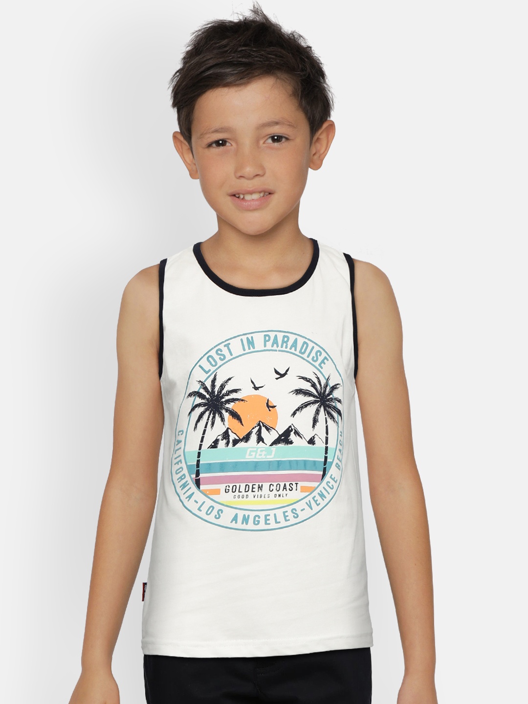 

Gini and Jony Boys White Printed Round Neck Pure Cotton T-shirt