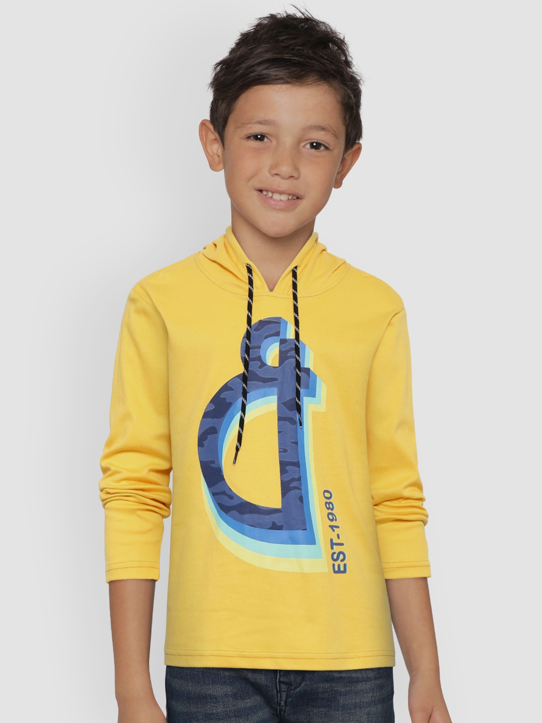

Gini and Jony Boys Yellow Printed Hooded Pure Cotton T-shirt
