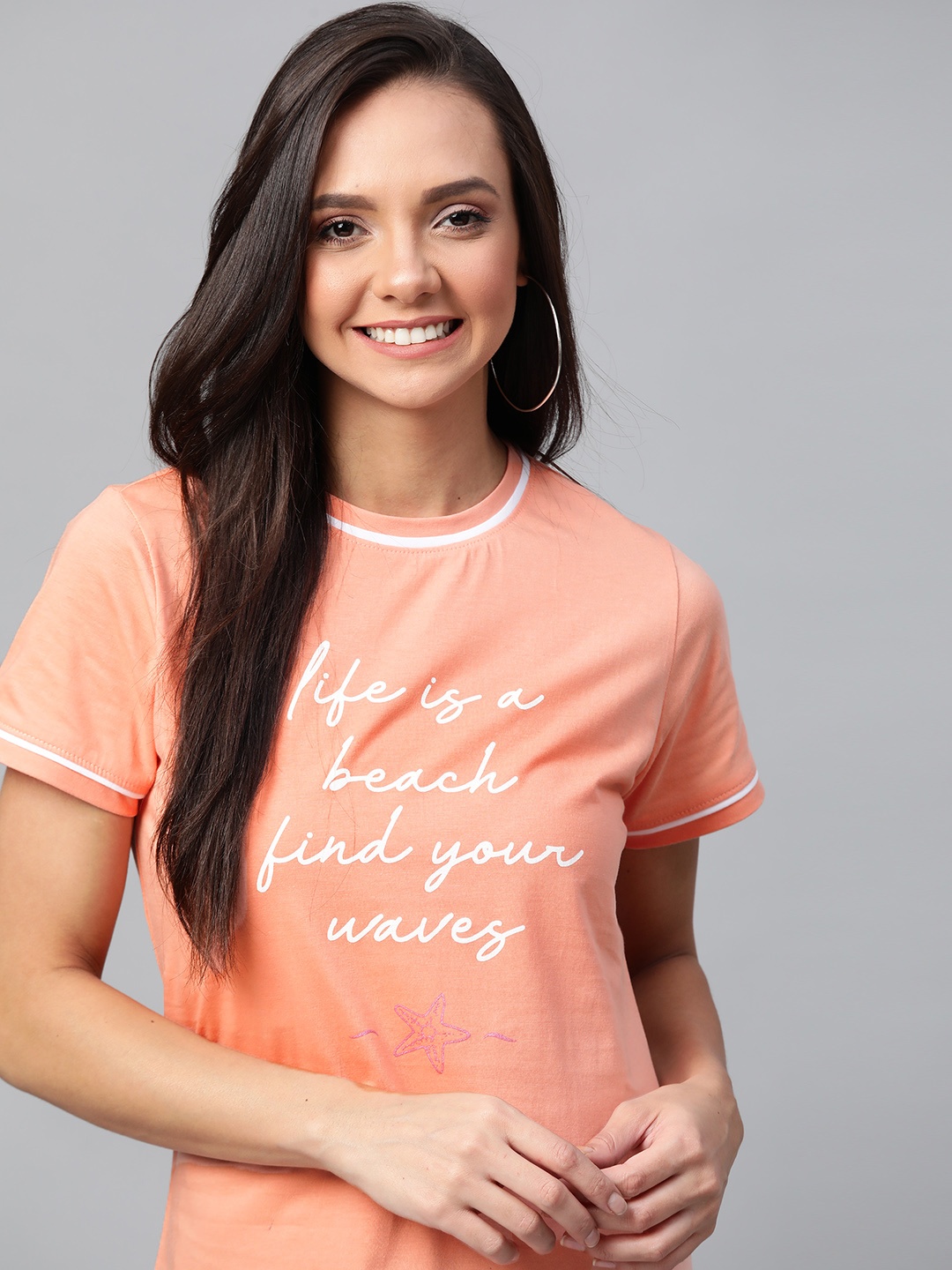 

Mast Harbour Women Peach-Coloured White Printed Round Neck Pure Cotton T-shirt