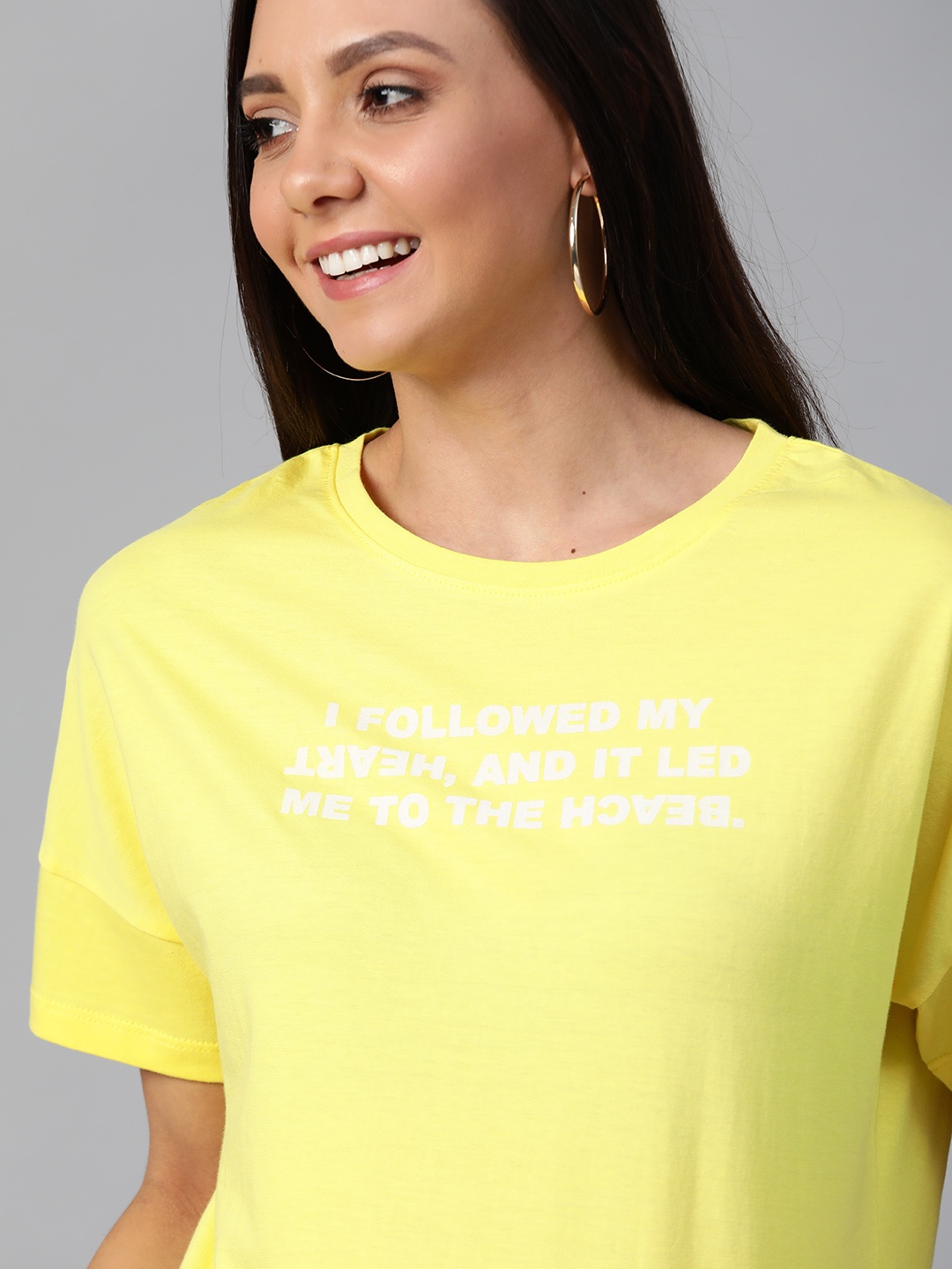 

Mast Harbour Women Yellow White Printed Relaxed Fit Round Neck Pure Cotton T-shirt