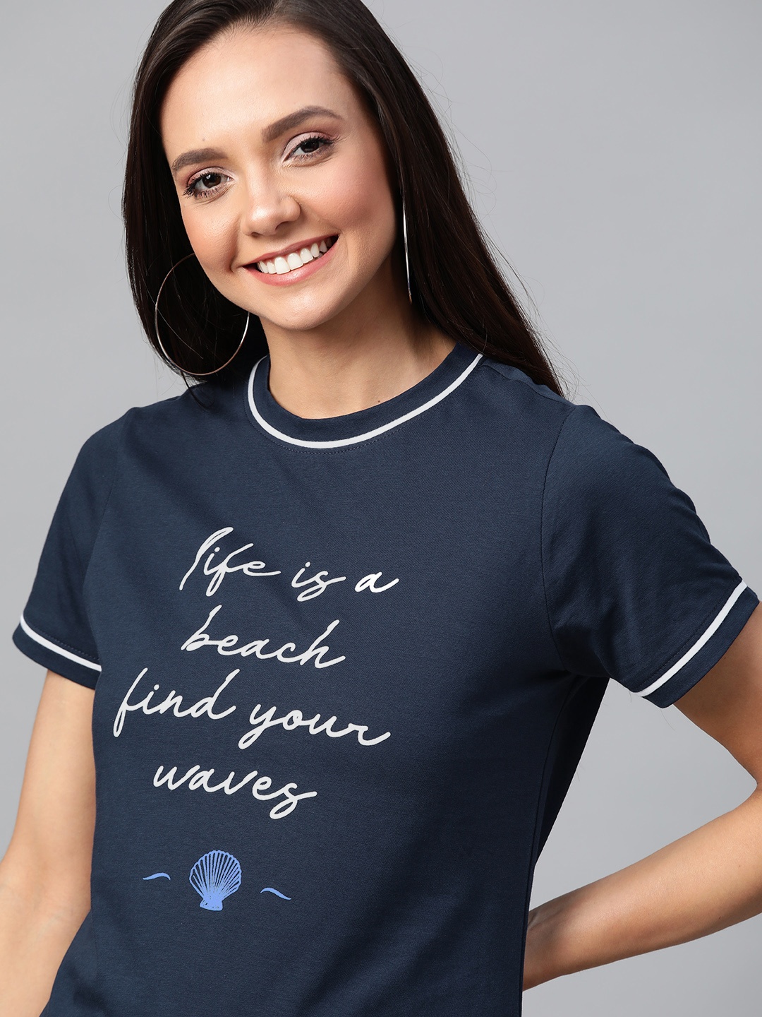 

Mast Harbour Women Navy Blue White Printed Round Neck Pure Cotton T-shirt