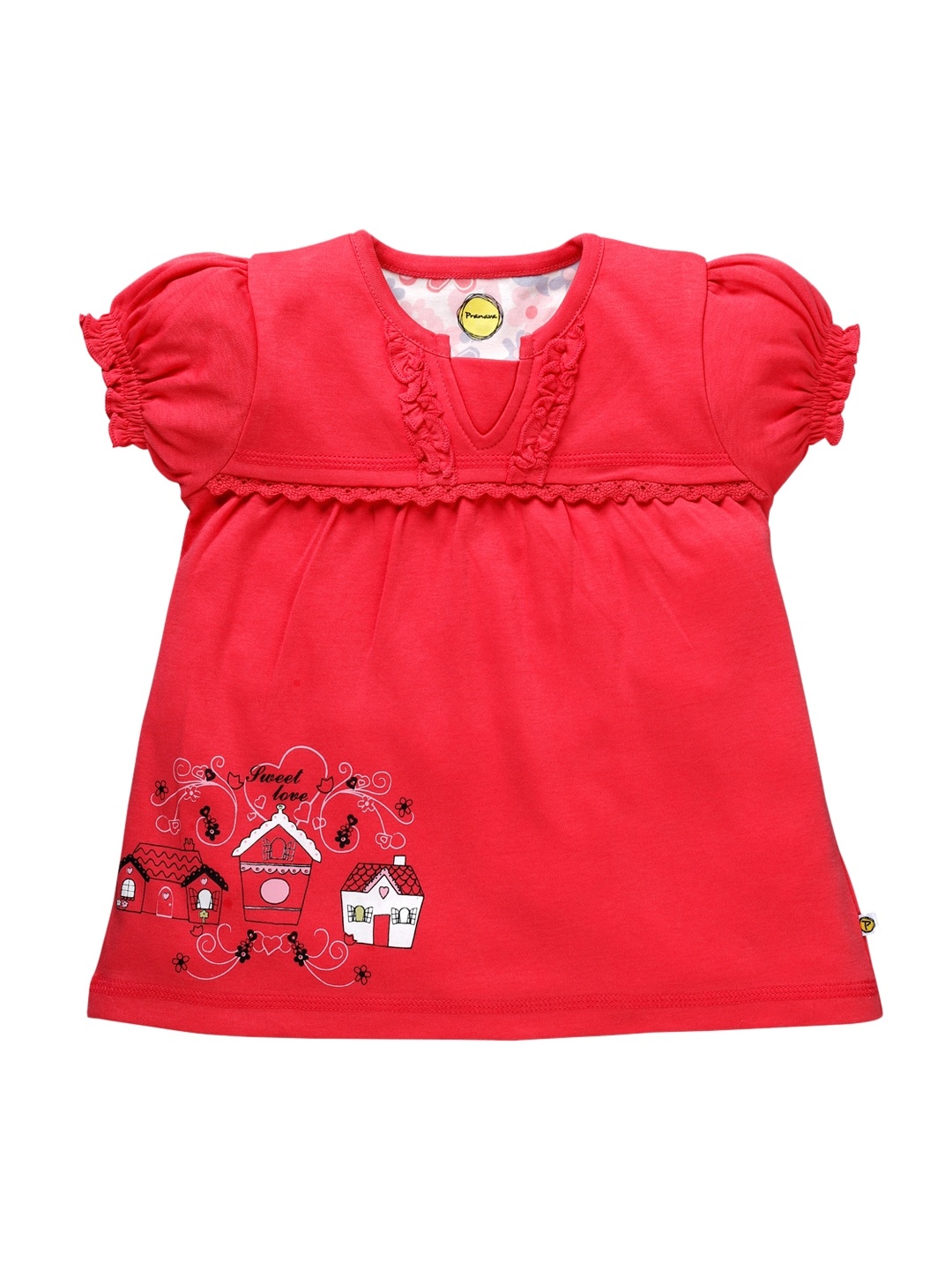 

Pranava Girls Coral Pink Printed Sustainable Pure Cotton Top