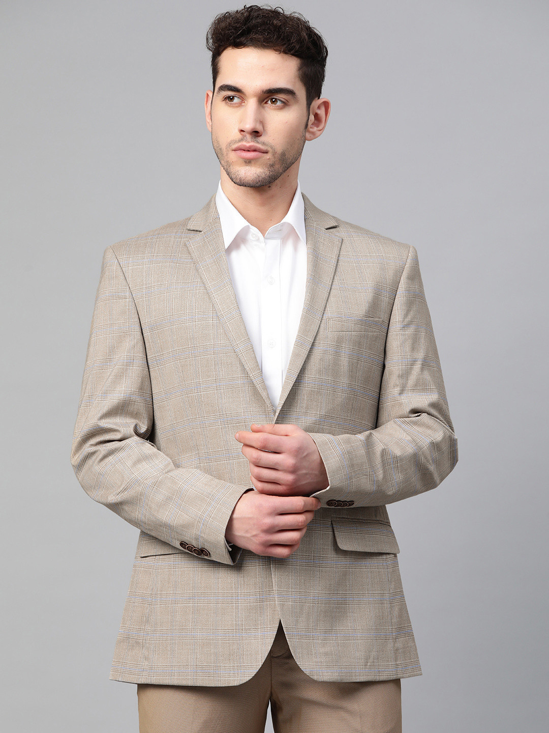 

Park Avenue Men Grey & Blue Checked Single-Breasted Formal Blazer