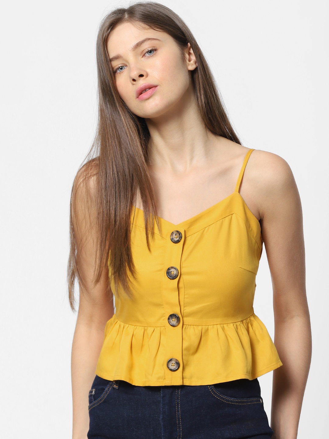 

ONLY Women Mustard Yellow Solid Peplum Top
