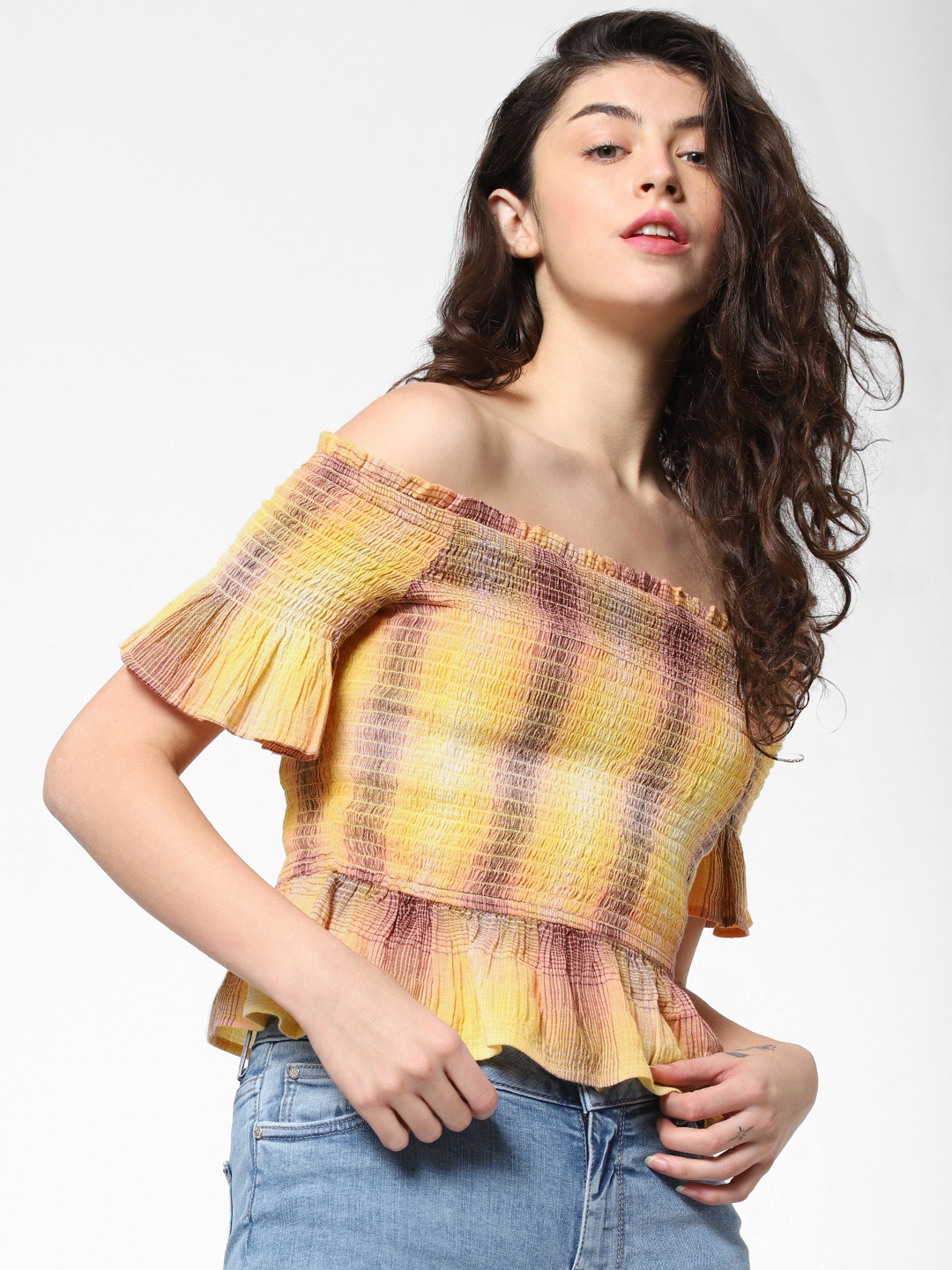 

ONLY Women Yellow & Brown Checked Bardot Top