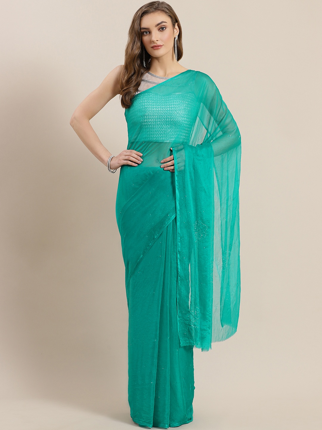 

Mitera Green Hand Embellished Mukaish Chiffon Saree