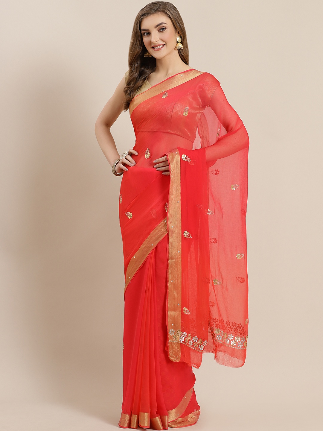 

Geroo Jaipur Red Gota Patti Hand Embellished Chiffon Sustainable Saree