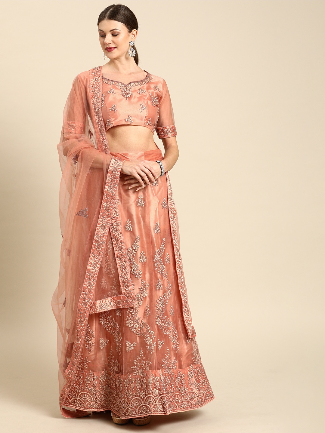 

Shaily Peach-Coloured Semi-Stitched Lehenga & Blouse with Dupatta