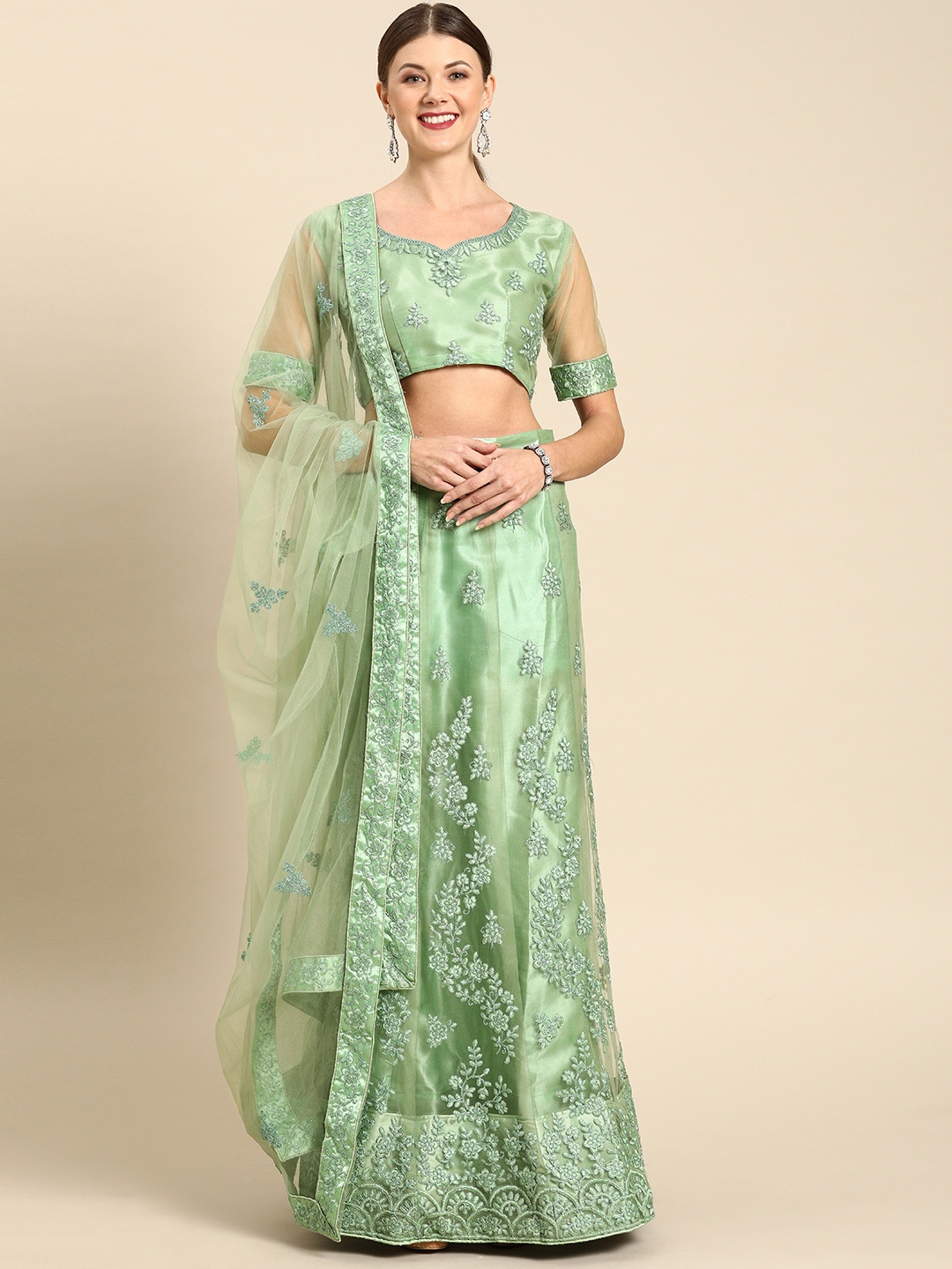 

Shaily Green Embroidered Semi-Stitched Lehenga & Unstitched Blouse with Dupatta