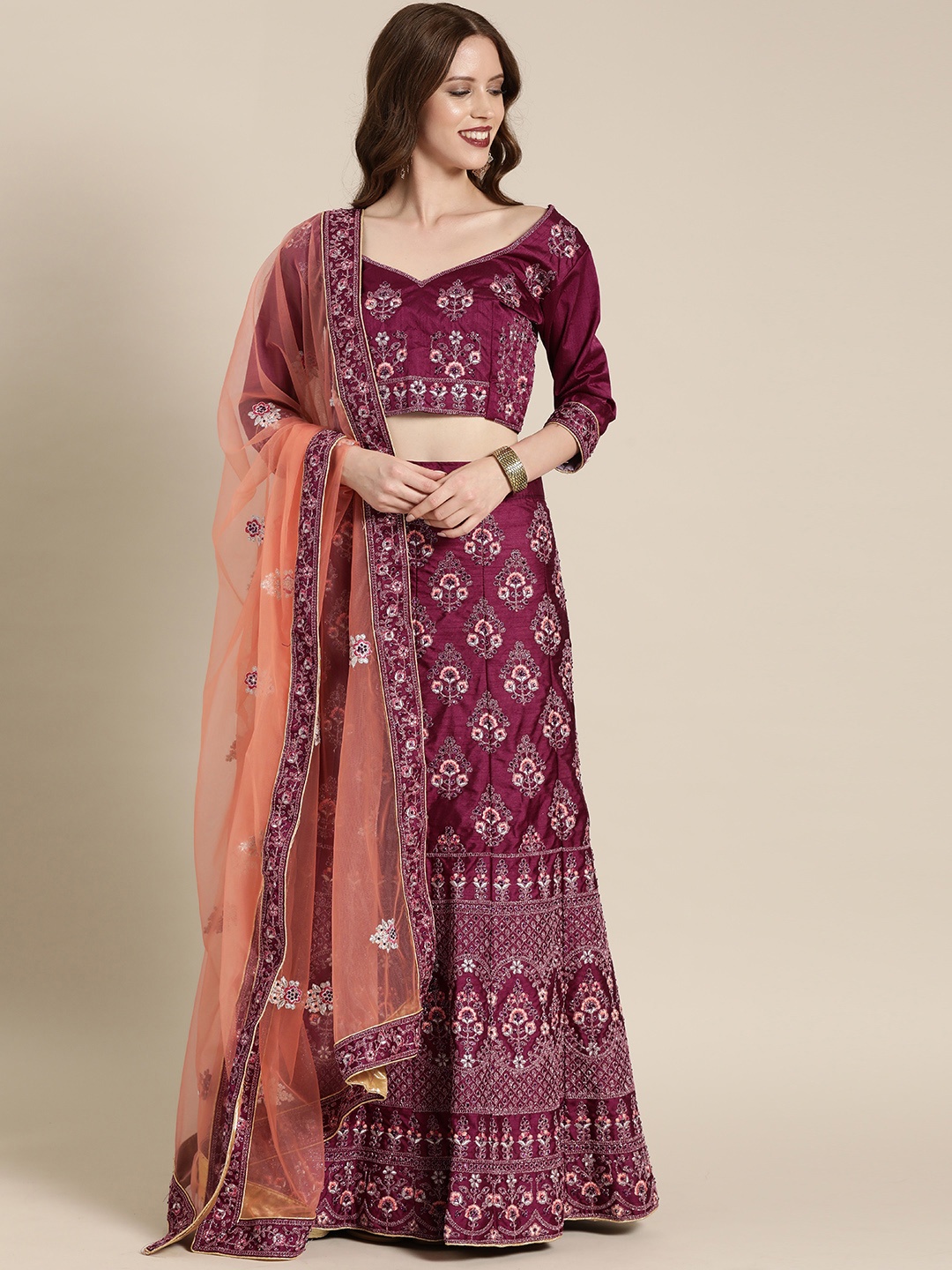 

Shaily Magenta & Peach-Coloured Embroidered Semi-Stitched Lehenga & Unstitched Blouse with Dupatta