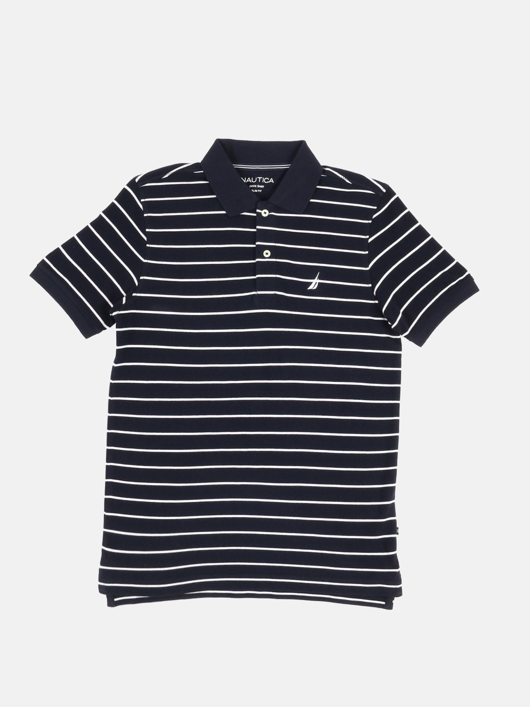 

Nautica Men Navy Blue White Striped Polo Collar Pure Cotton T-shirt