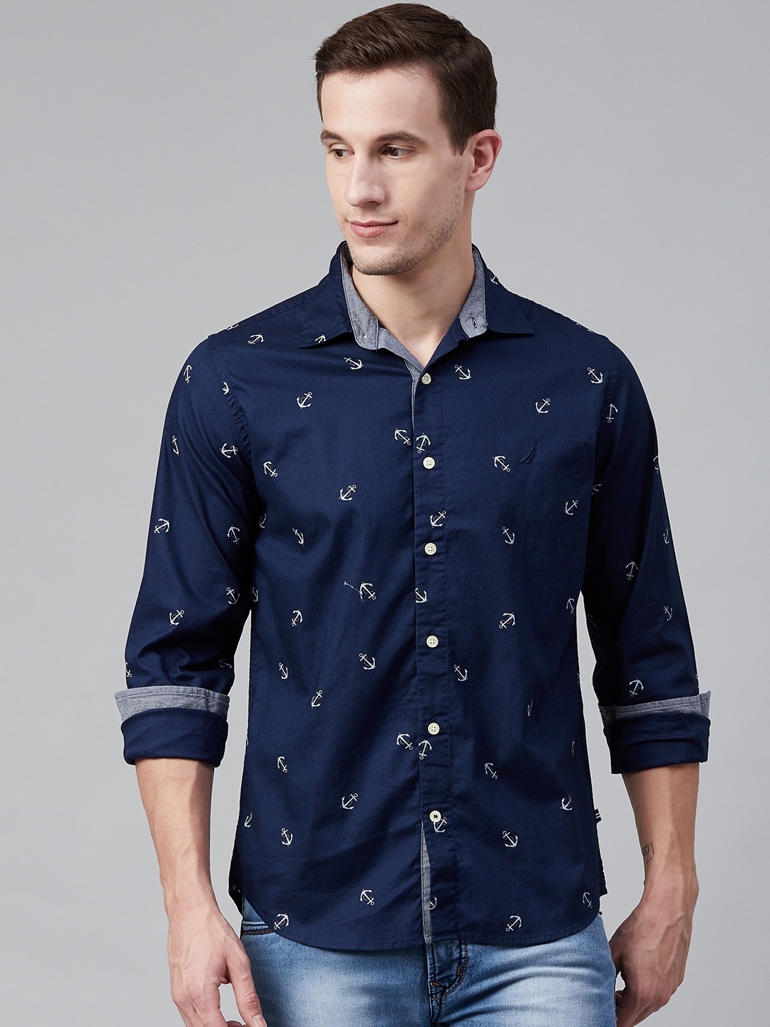 

Nautica Men Navy Blue & Off White Slim Fit Anchor Printed Oxford Casual Shirt