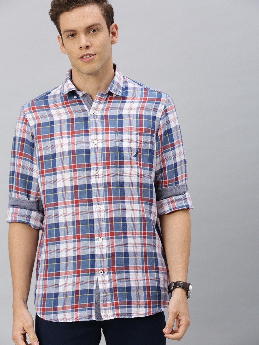 

Nautica Men Blue & White Classic Regular Fit Checked Casual Shirt