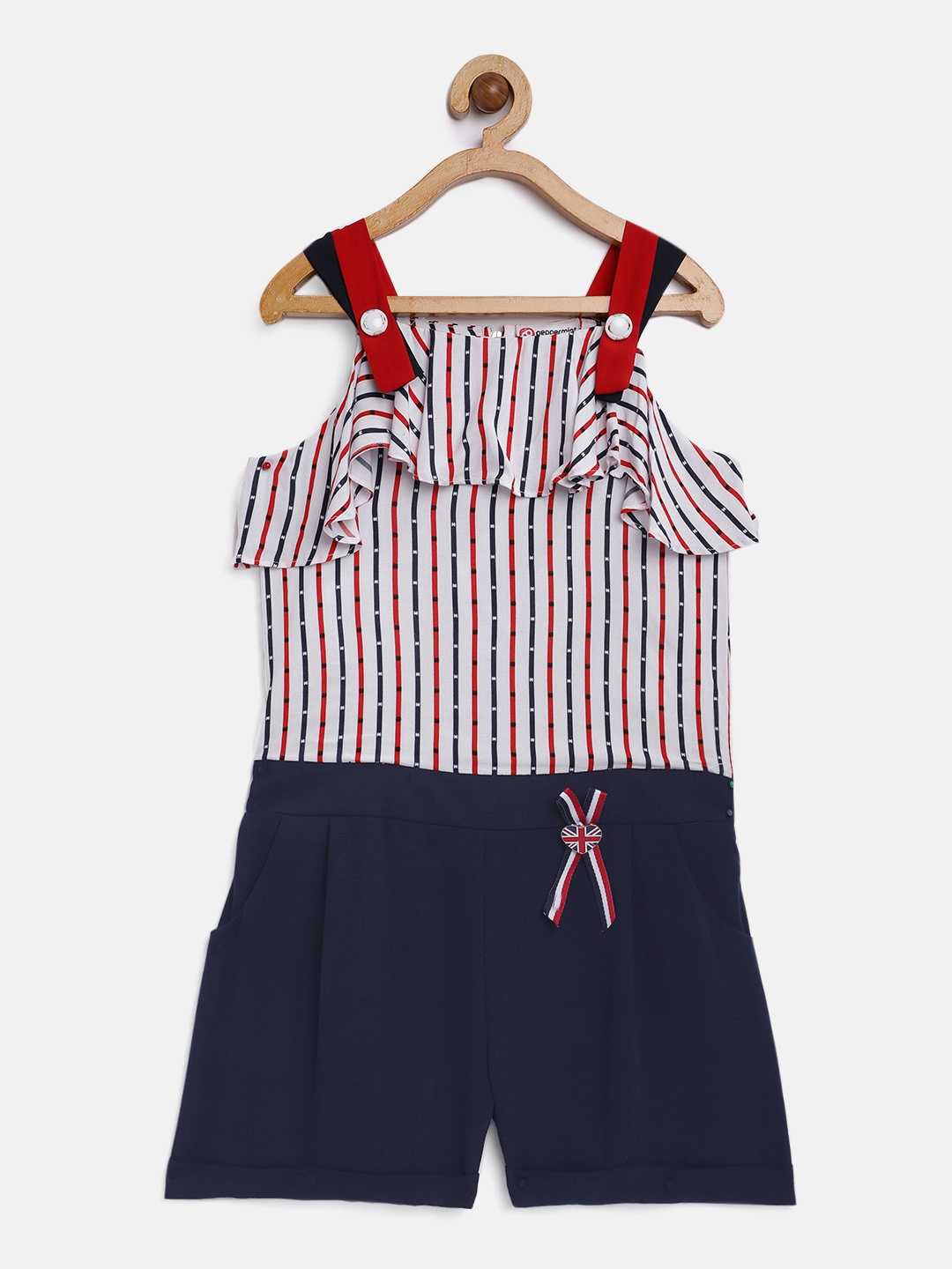 

Peppermint Girls White & Navy Blue Striped Basic Jumpsuit