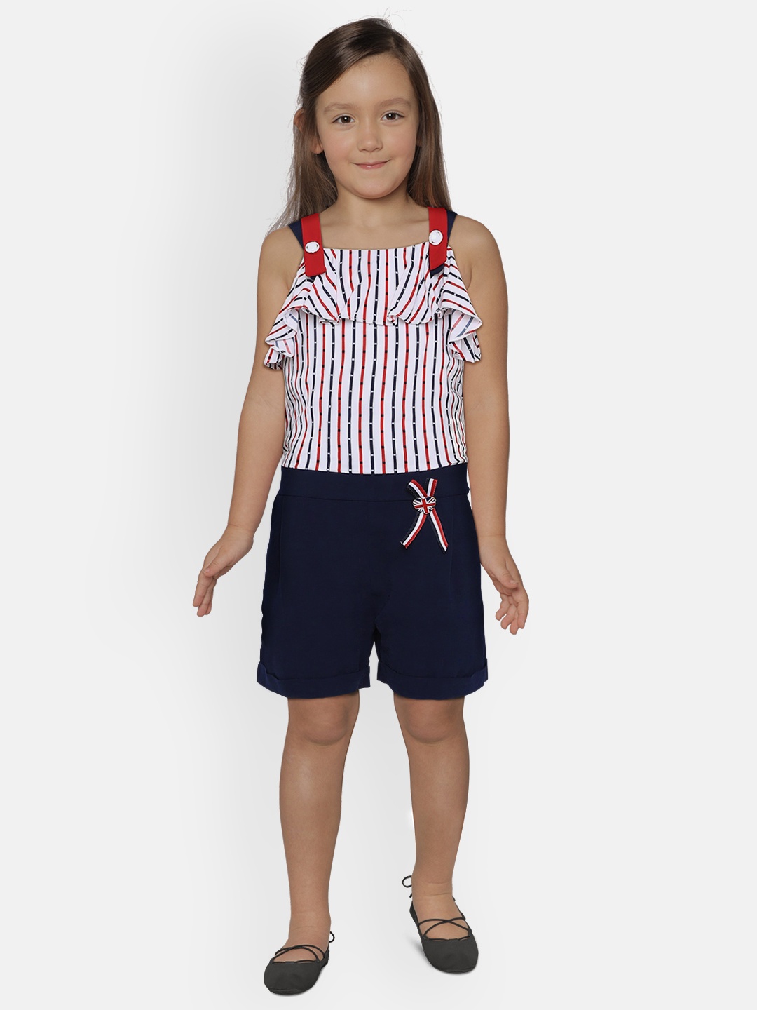 

Peppermint Girls White & Navy Blue Striped Basic Jumpsuit