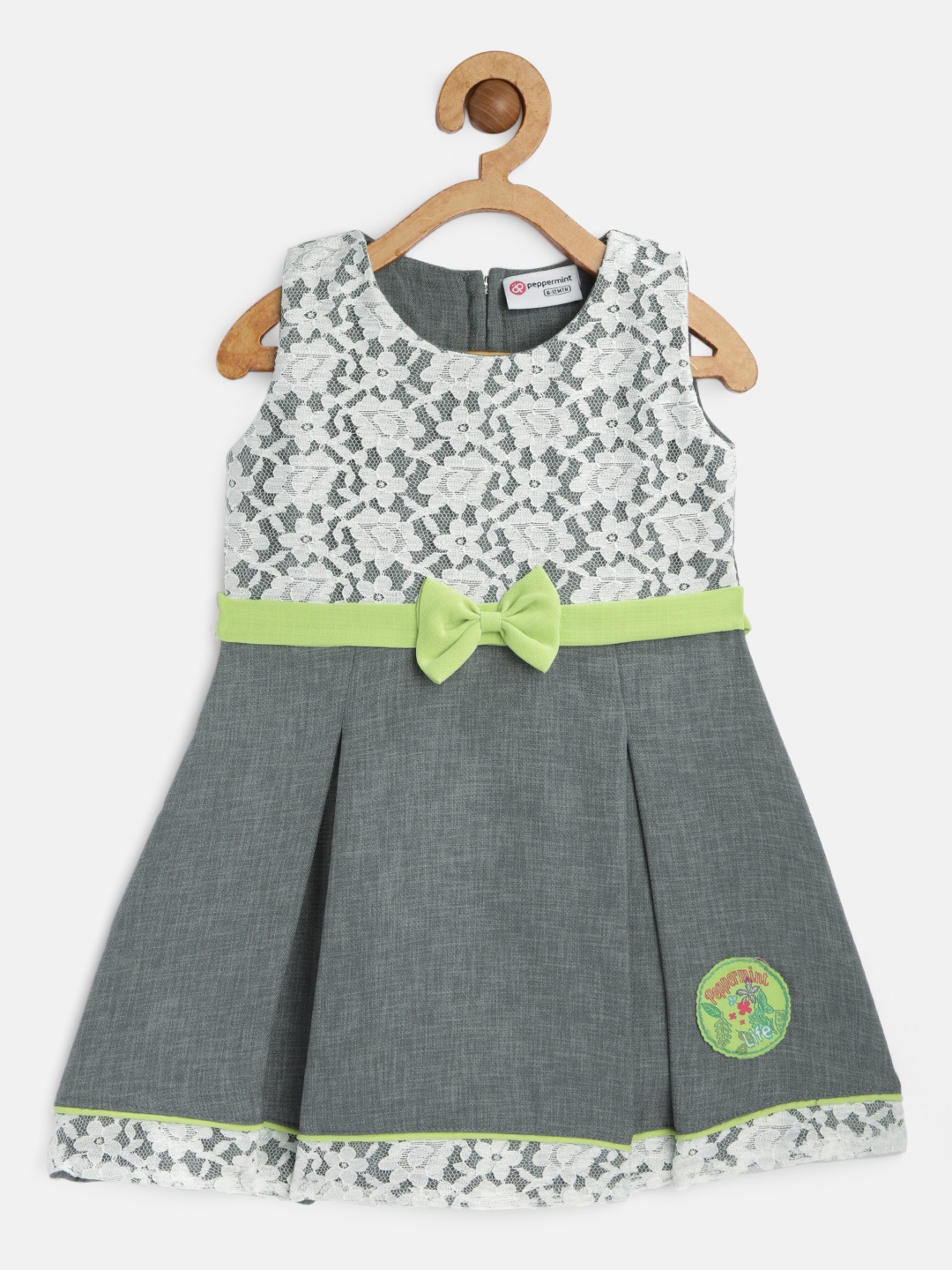 

Peppermint Girls Grey & White Self Design Fit and Flare Dress