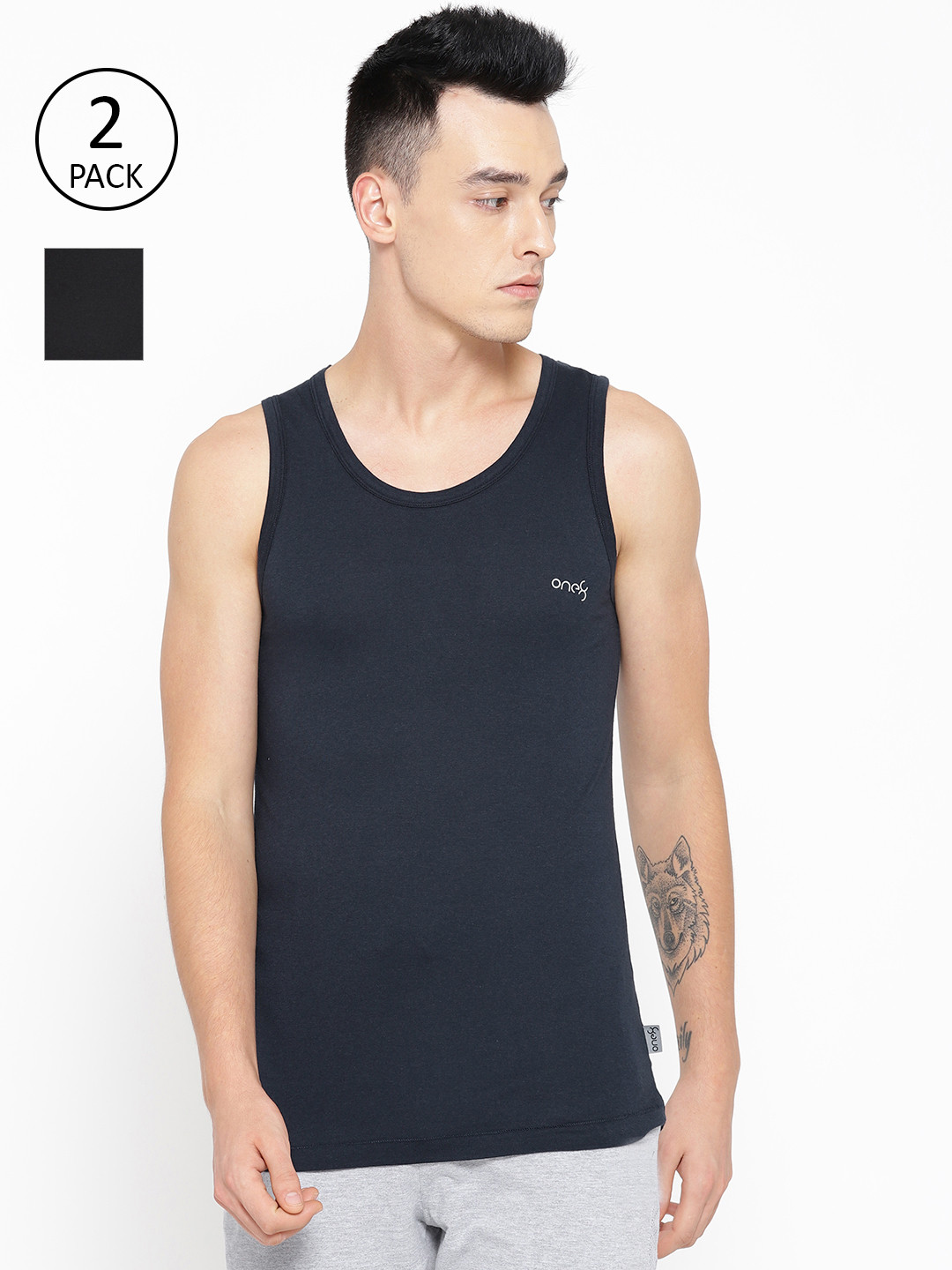

one8 by Virat Kohli Men Pack of 2 Navy Blue & Black Solid Innerwear Vest 10486230-1-10486258-1