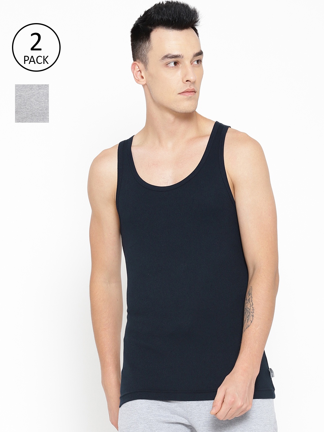 

one8 by Virat Kohli Men Pack of 2 Solid Innerwear Vests 10486276-1, Grey melange