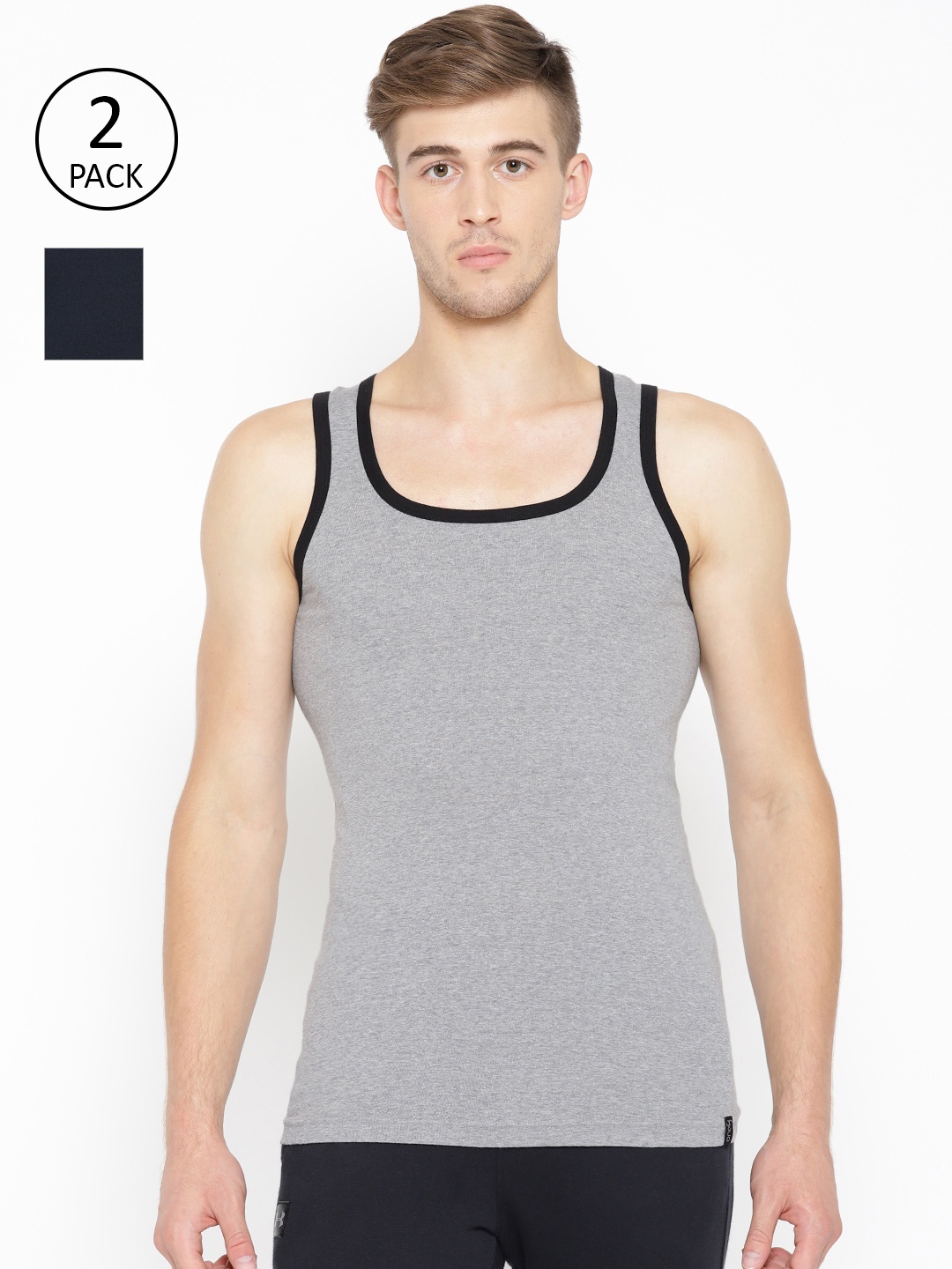 

one8 by Virat Kohli Men Pack Of 2 Solid Innerwear Vest 10486246-1-10486256, Grey melange
