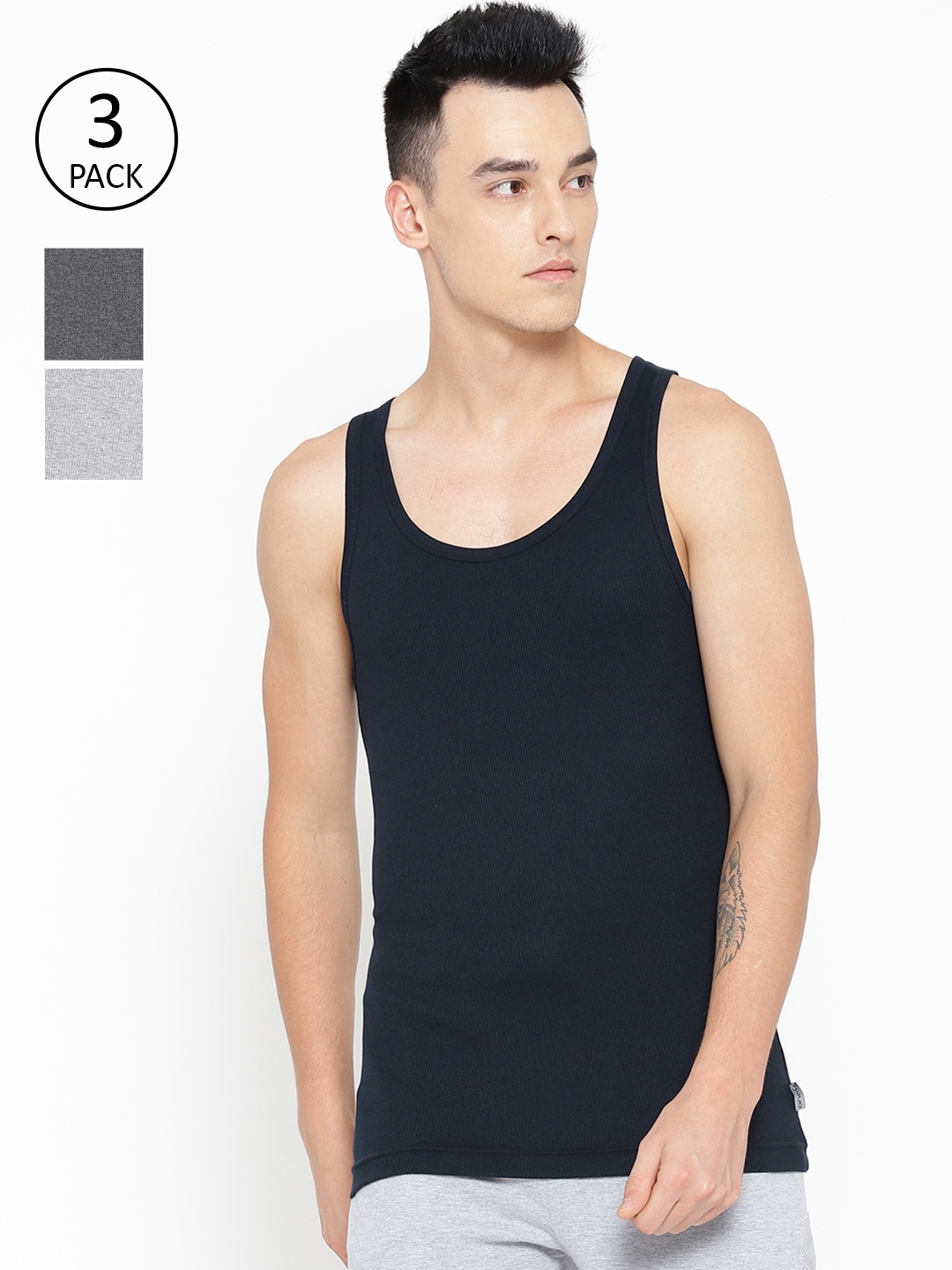 

one8 by Virat Kohli Men Pack of 3 Solid Innerwear Vests 10486240-1-10486276-1-10486268-1, Charcoal
