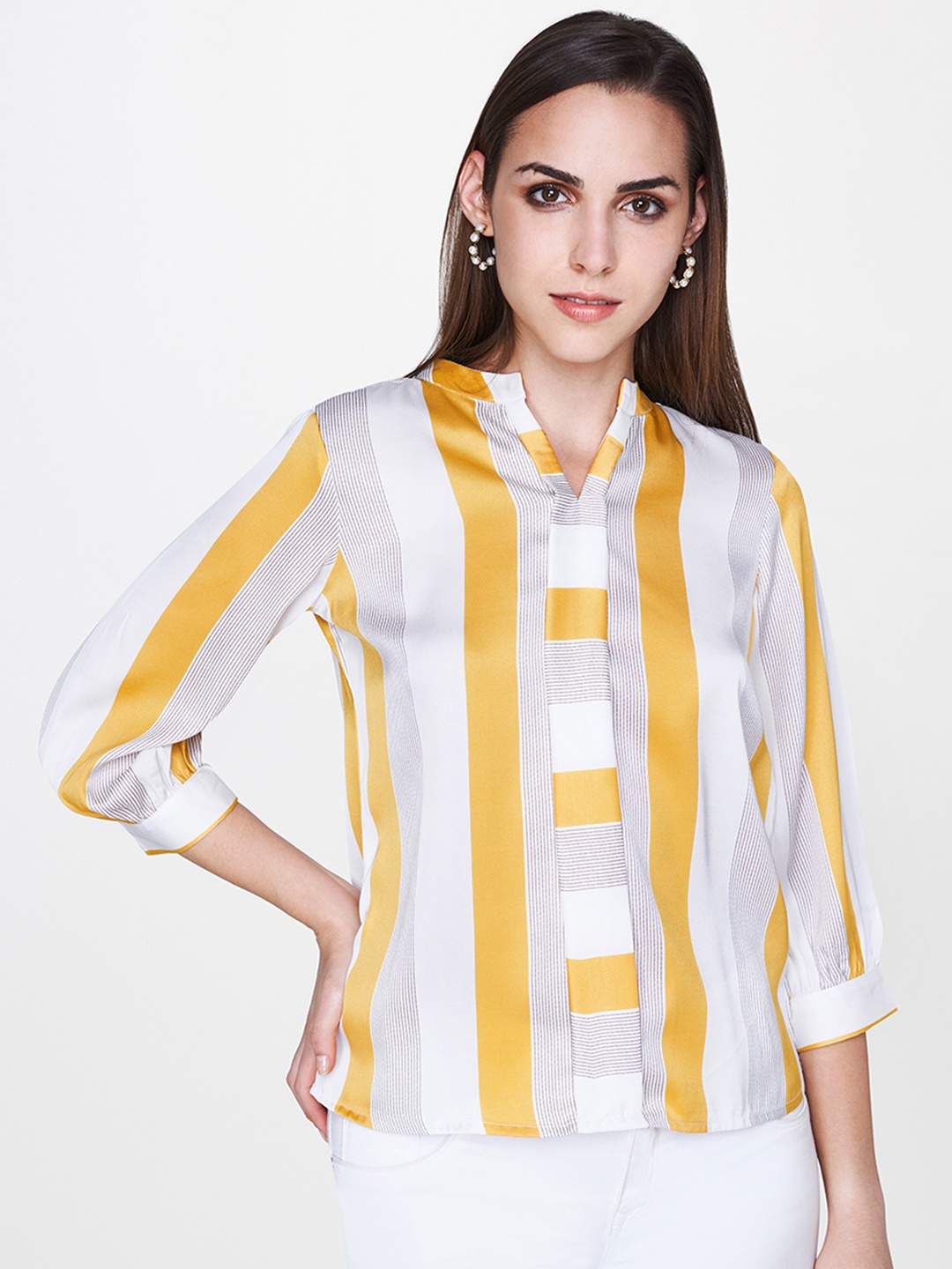 

AND Women White & Mustard Yellow Striped Top With Pleated Detail