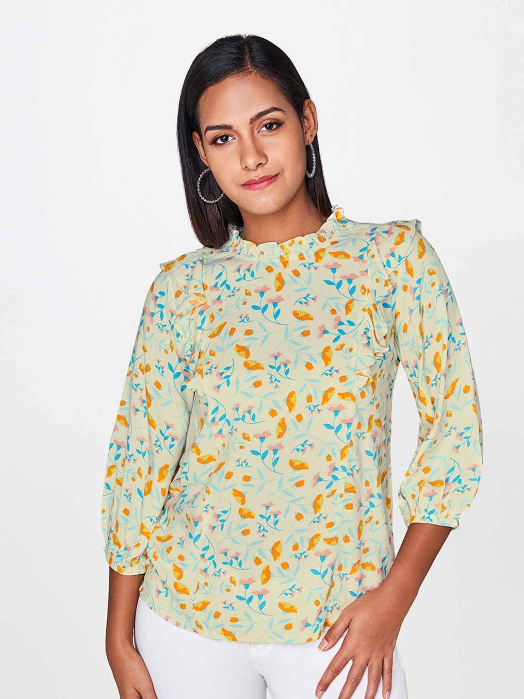

AND Women Yellow Floral Print Top With Ruffle Detail