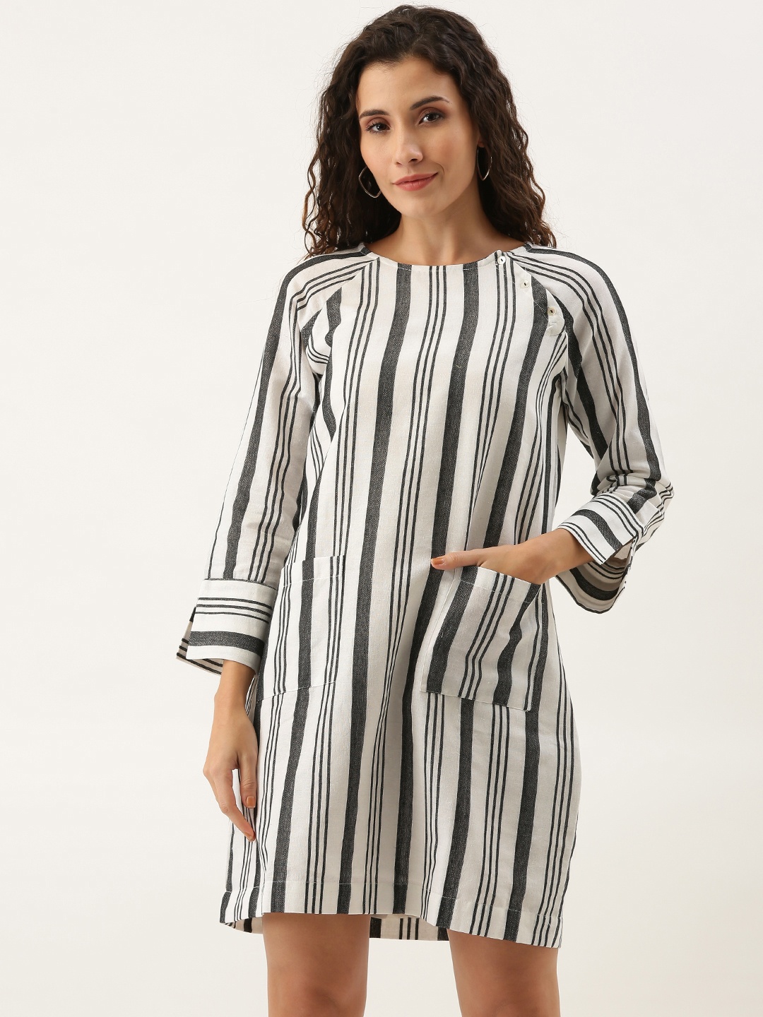 

AND Women White & Black Striped A-Line Dress