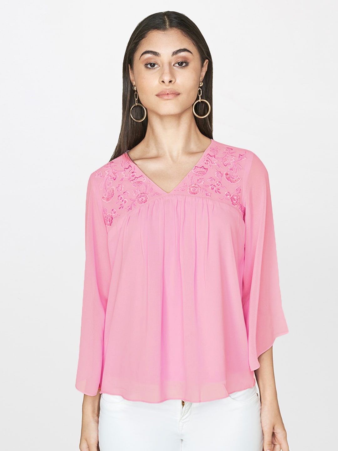 

AND Women Purple Solid Top With Embroidered Detail
