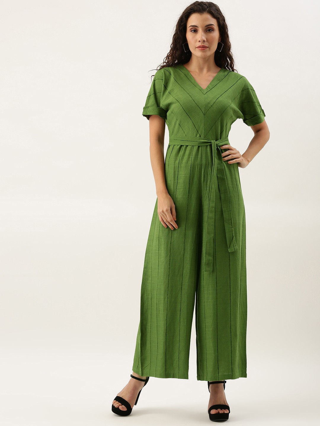 

AND Women Olive Green Self-Striped Basic Jumpsuit