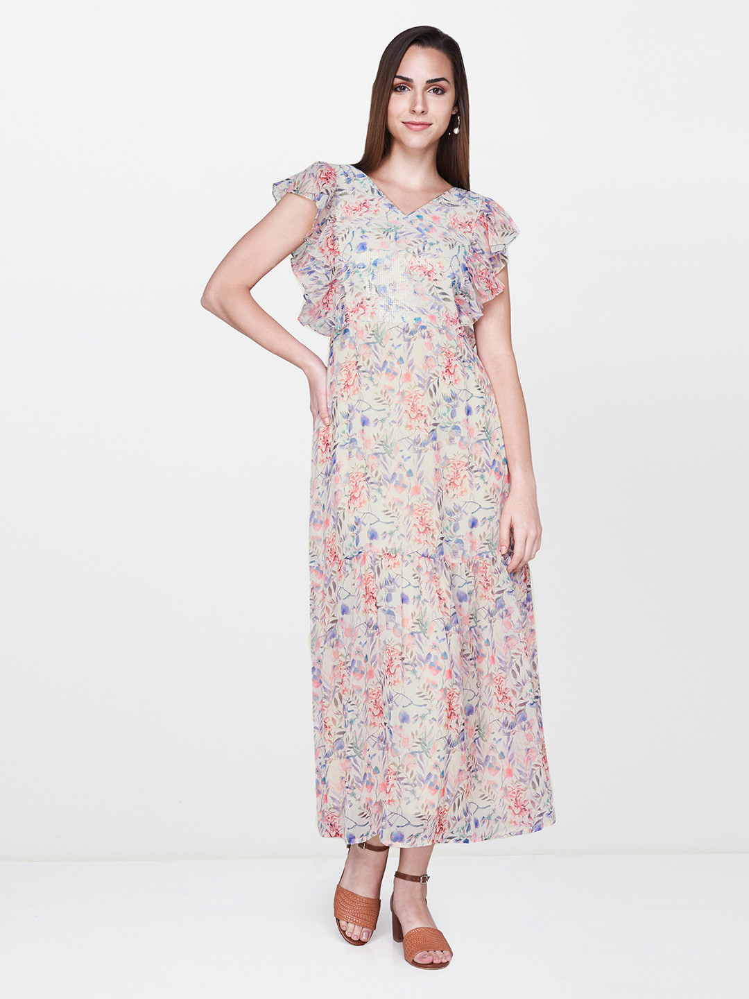 

AND Women Cream-Coloured & Pink Printed Maxi Dress