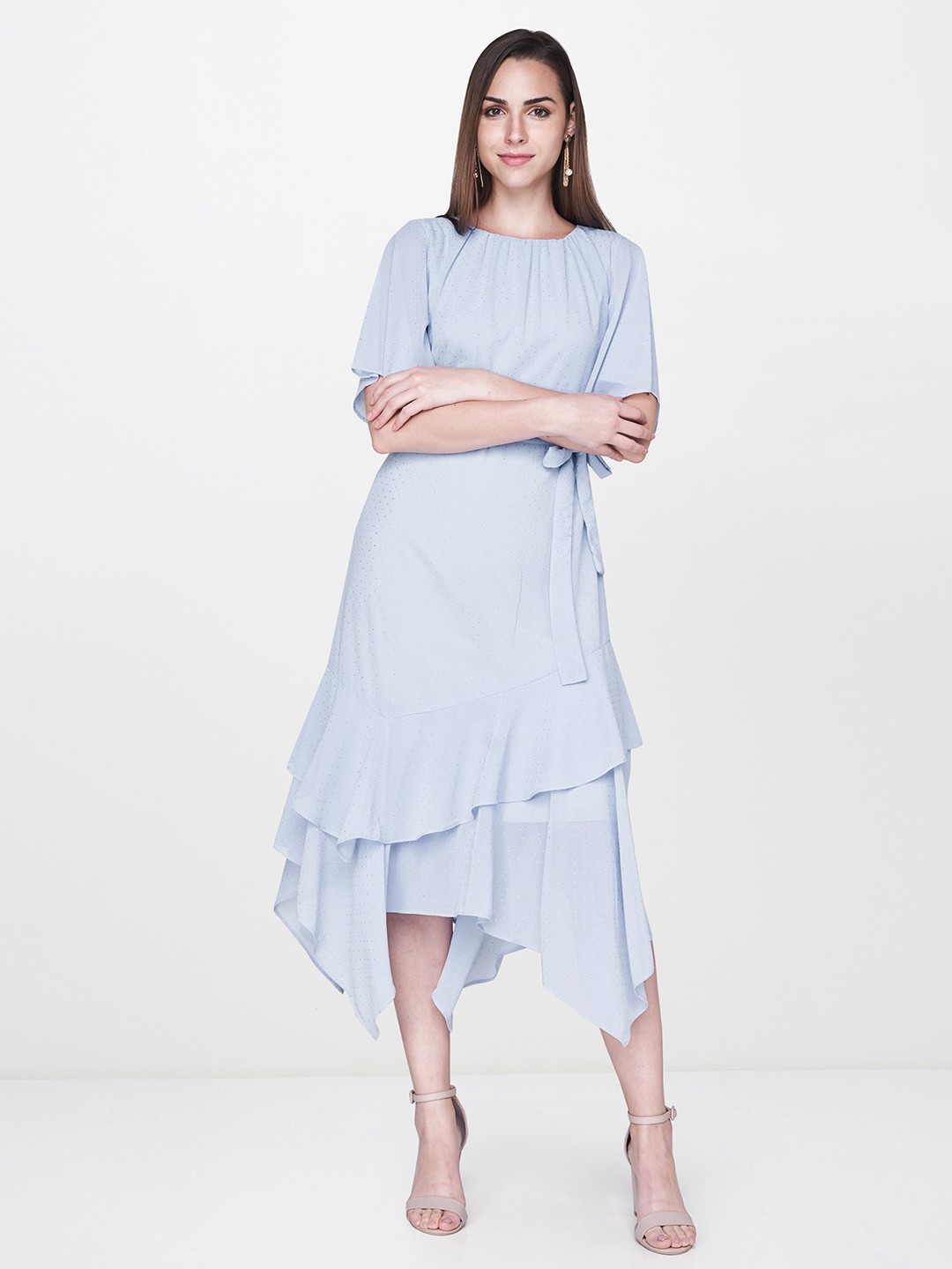 

AND Women Blue Embellished Fit and Flare Dress With Tie-Up Detail