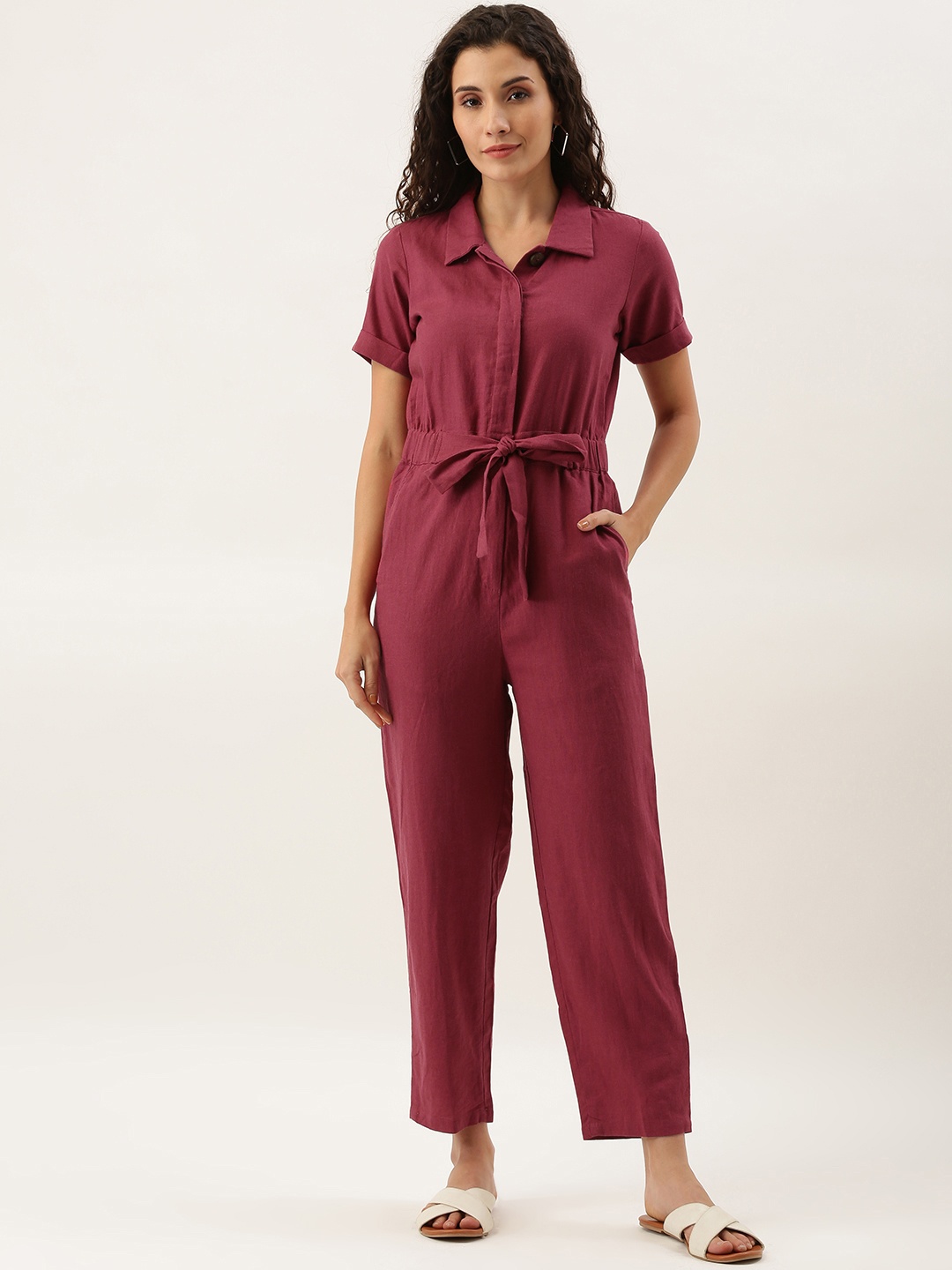 

AND Women Burgundy Solid Basic Jumpsuit