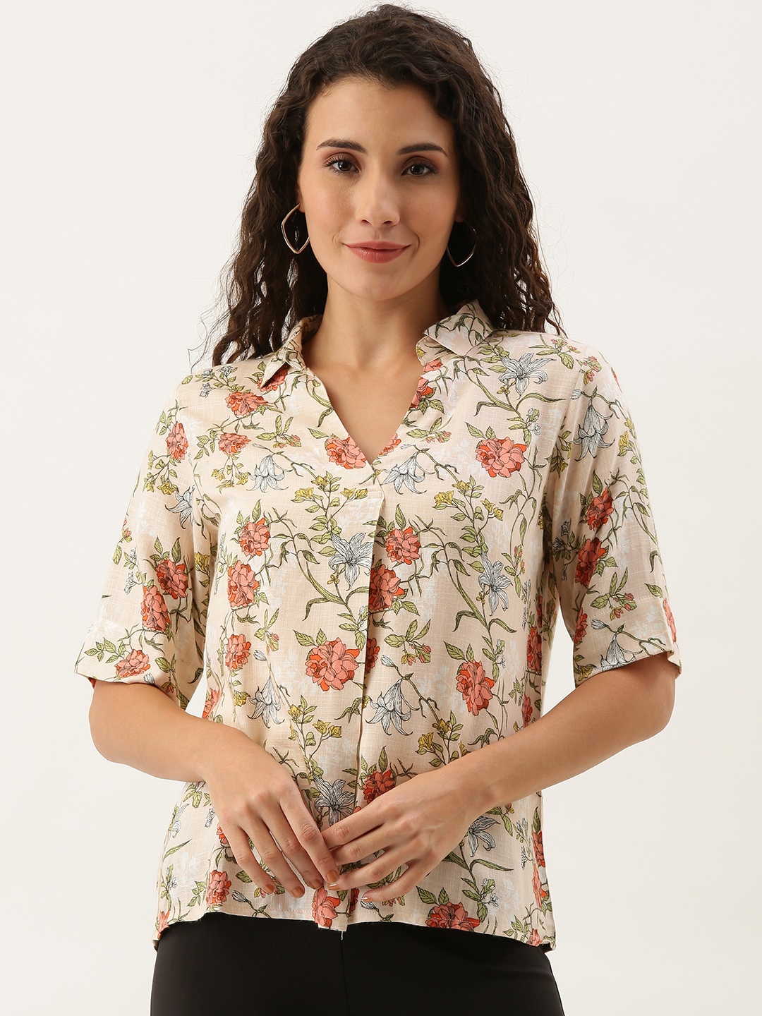 

AND Women Peach-Coloured & Pink Floral Print Top