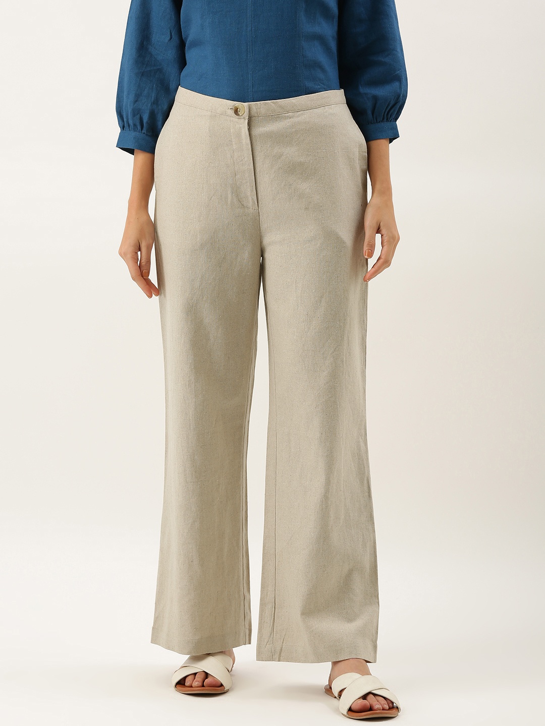 

AND Women Beige Regular Fit Solid Parallel Trousers